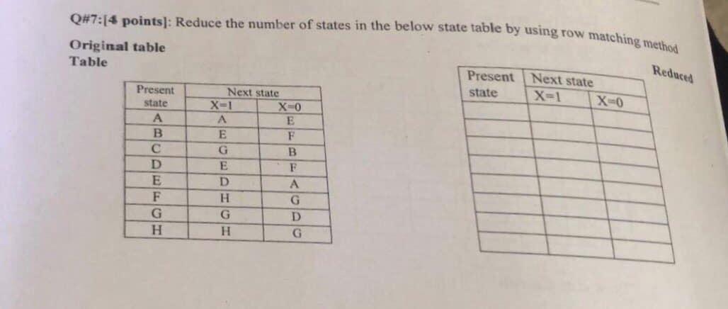 Q 7 14 Points Reduce The Number Of States In The Below State Table By Using Row Matching Method Original Table Reduced 1