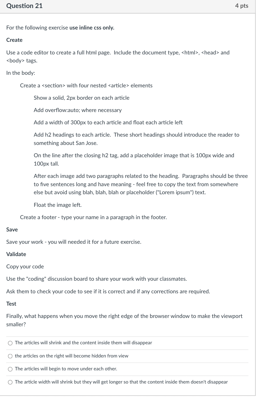 Question 21 4 Pts For The Following Exercise Use Inline Css Only Create Use A Code Editor To Create A Full Html Page I 1