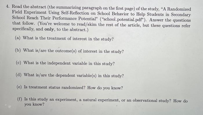 4 Read The Abstract The Summarizing Paragraph On The First Page Of The Study A Randomized Field Experiment Using Se 1