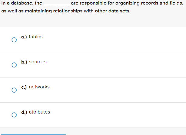 In A Database The As Well As Maintaining Relationships With Other Data Sets A Tables B Sources C Networks D At 1