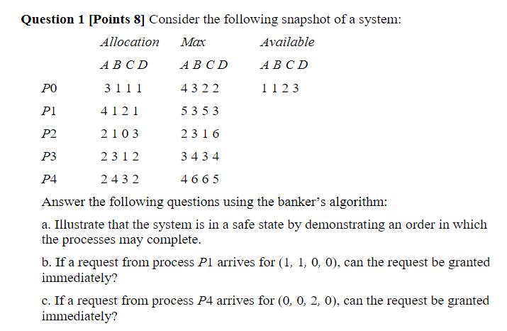 Question 1 Points 8 Consider The Following Snapshot Of A System Allocation Max Available Abcd A B C D A B C D Po 3111 1