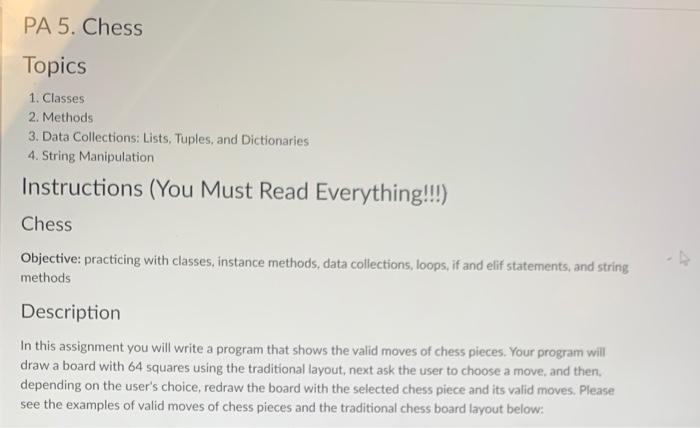 Pa 5 Chess Topics 1 Classes 2 Methods 3 Data Collections Lists Tuples And Dictionaries 4 String Manipulation Ins 1