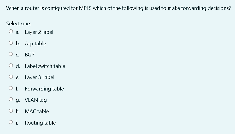 When A Router Is Configured For Mpls Which Of The Following Is Used To Make Forwarding Decisions Select One O A Layer 1