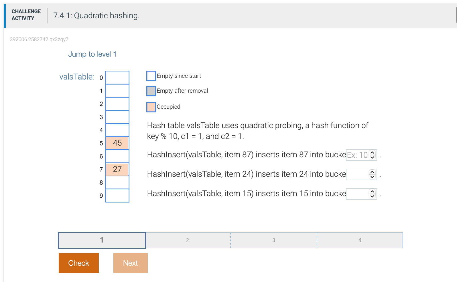 Challenge Activity 392006 2582742 Qx3zqy7 7 4 1 Quadratic Hashing Jump To Level 1 Vals Table O 1 2 3 4 5 6 7 Check 8 1