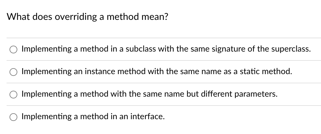 What Does Overriding A Method Mean O Implementing A Method In A Subclass With The Same Signature Of The Superclass Imp 1