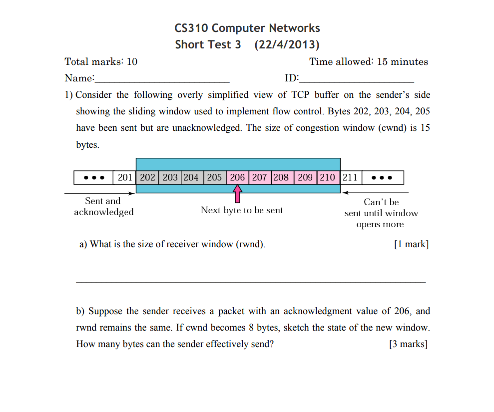 Cs310 Computer Networks Short Test 3 22 4 2013 Total Marks 10 Time Allowed 15 Minutes Name Id 1 Consider The Foll 1