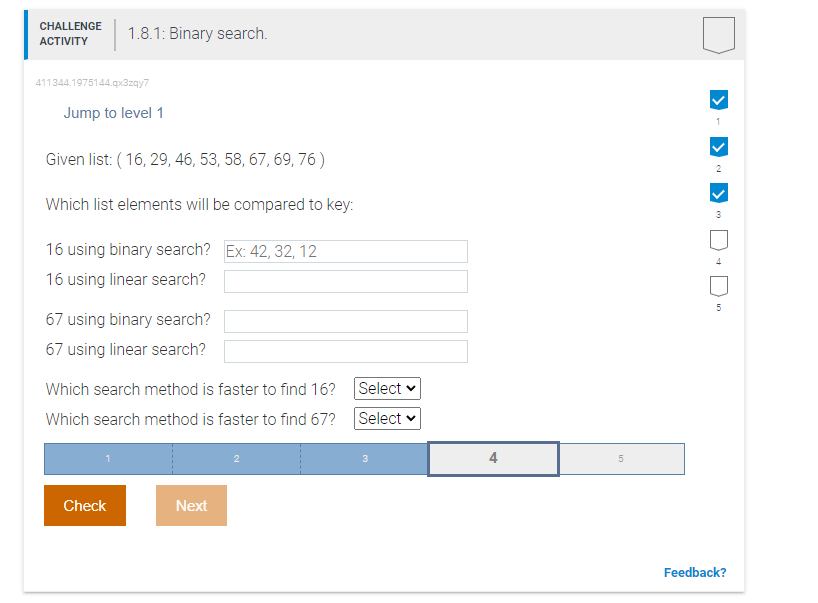 Challenge Activity 1 8 1 Binary Search 411344 1975144 Qx3zqy7 Jump To Level 1 Given List 16 29 46 53 58 67 69 1