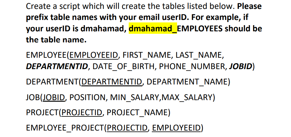 Create A Script Which Will Create The Tables Listed Below Please Prefix Table Names With Your Email Userid For Example 1