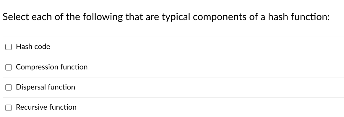 Select Each Of The Following That Are Typical Components Of A Hash Function Hash Code Compression Function Dispersal Fu 1