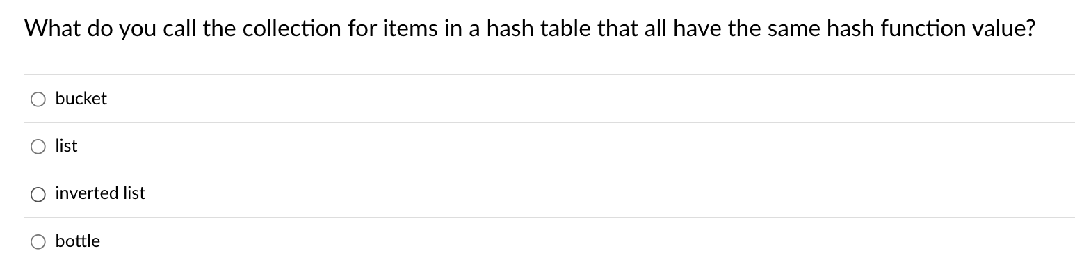 What Do You Call The Collection For Items In A Hash Table That All Have The Same Hash Function Value Bucket List Invert 1