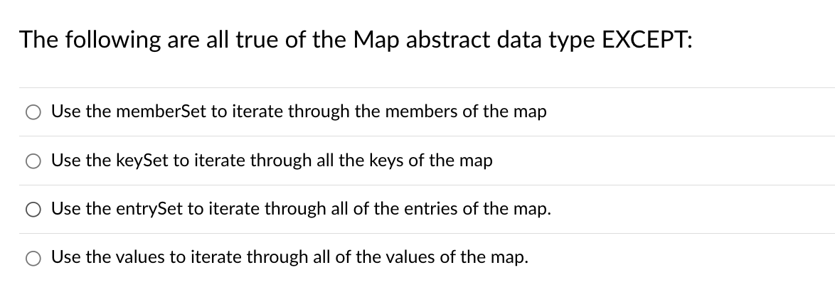 The Following Are All True Of The Map Abstract Data Type Except Use The Memberset To Iterate Through The Members Of The 1