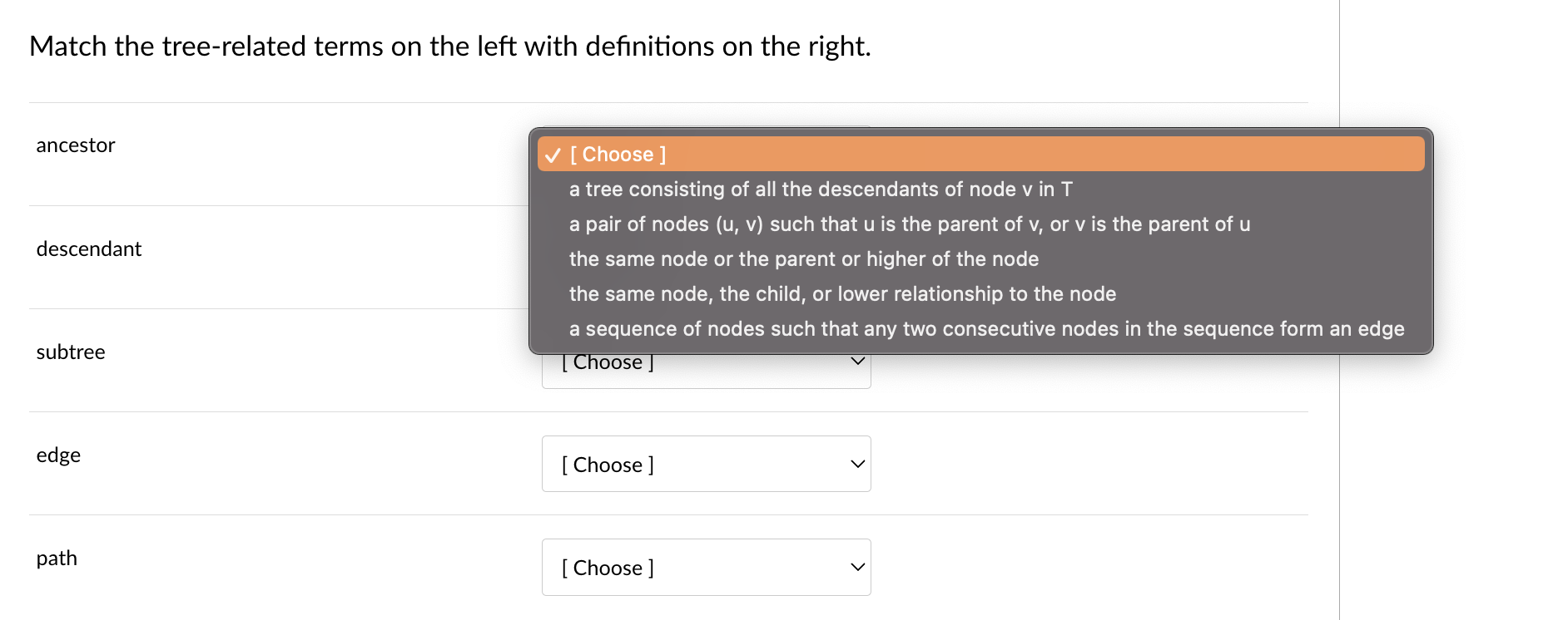 Match The Tree Related Terms On The Left With Definitions On The Right Ancestor Choose A Tree Consisting Of All The 1