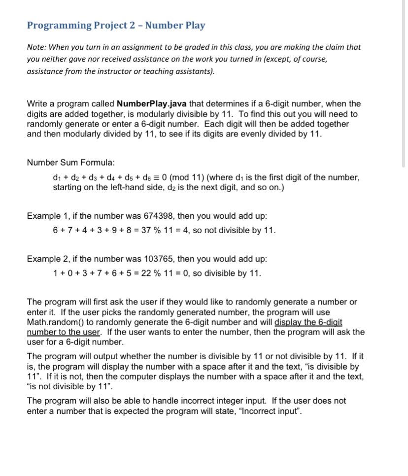 Programming Project 2 Number Play Note When You Turn In An Assignment To Be Graded In This Class You Are Making The 1