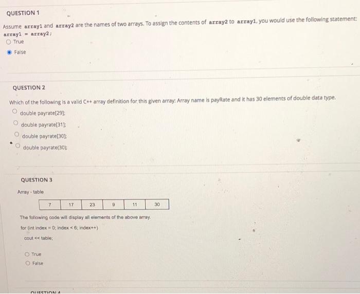 Question 1 Assume Array1 And Array2 Are The Names Of Two Arrays To Assign The Contents Of Array2 To Array1 You Would U 1