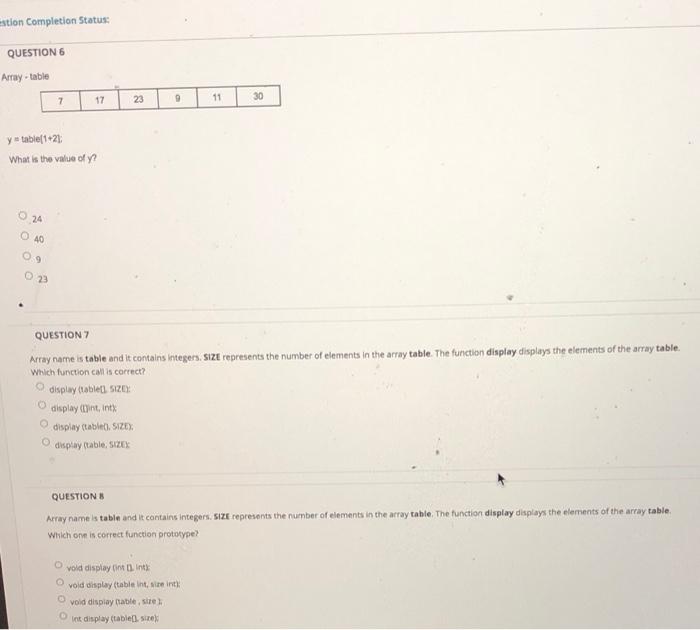 Stion Completion Status Question 6 17 Array Table 7 Y Table 1 2 What Is The Value Of Y 24 O 40 09 11 30 Question 7 A 1
