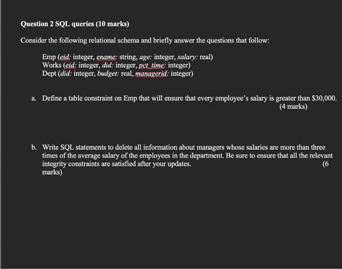 Question 2 Sql Queries 10 Marks Consider The Following Relational Schema And Briefly Answer The Questions That Follow 1
