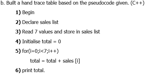 B Built A Hand Trace Table Based On The Pseudocode Given C 1 Begin 2 Declare Sales List 3 Read 7 Values And Sto 1
