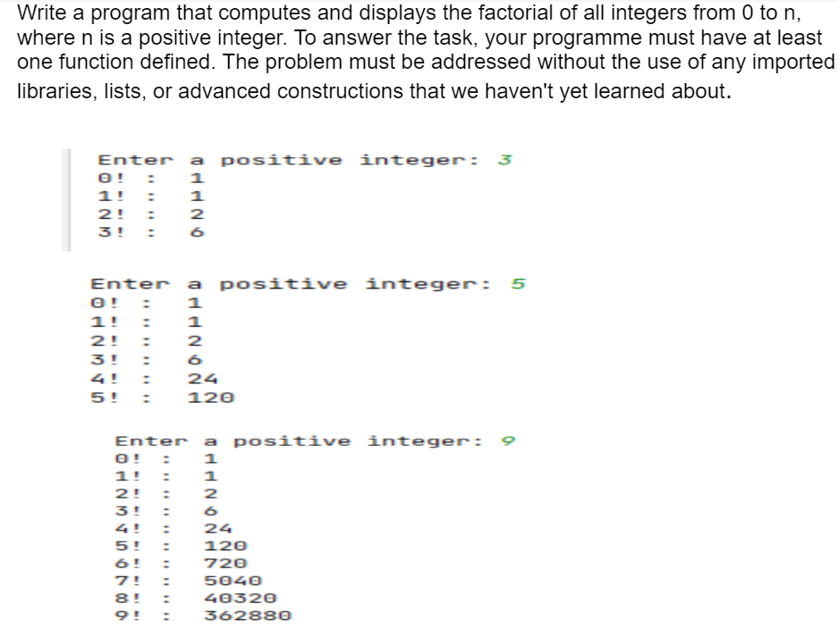 Write A Program That Computes And Displays The Factorial Of All Integers From 0 Ton Where N Is A Positive Integer To A 1