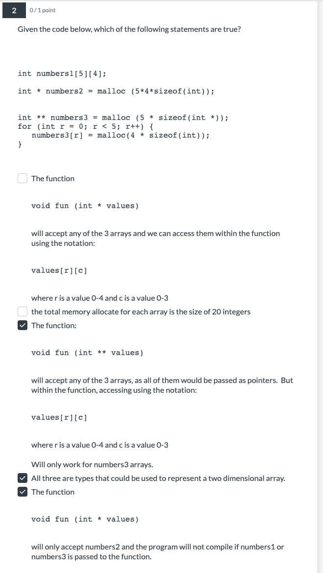 2 0 1 Point Given The Code Below Which Of The Following Statements Are True Int Numbers 1 5 4 Int Numbers2 Mall 1