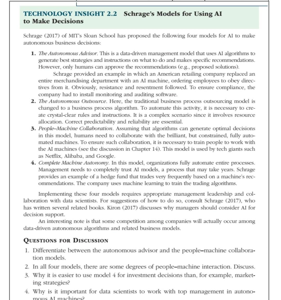 Technology Insight 2 2 Schrage S Models For Using Ai To Make Decisions Schrage 2017 Of Mit S Sloan School Has Proposed 1