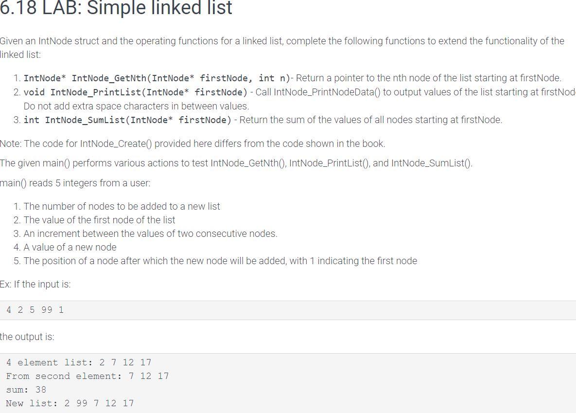 6 18 Lab Simple Linked List Given An Intnode Struct And The Operating Functions For A Linked List Complete The Followi 1