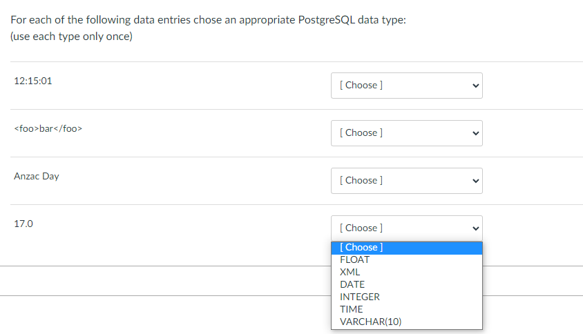 For Each Of The Following Data Entries Chose An Appropriate Postgresql Data Type Use Each Type Only Once 12 15 01 Ch 1