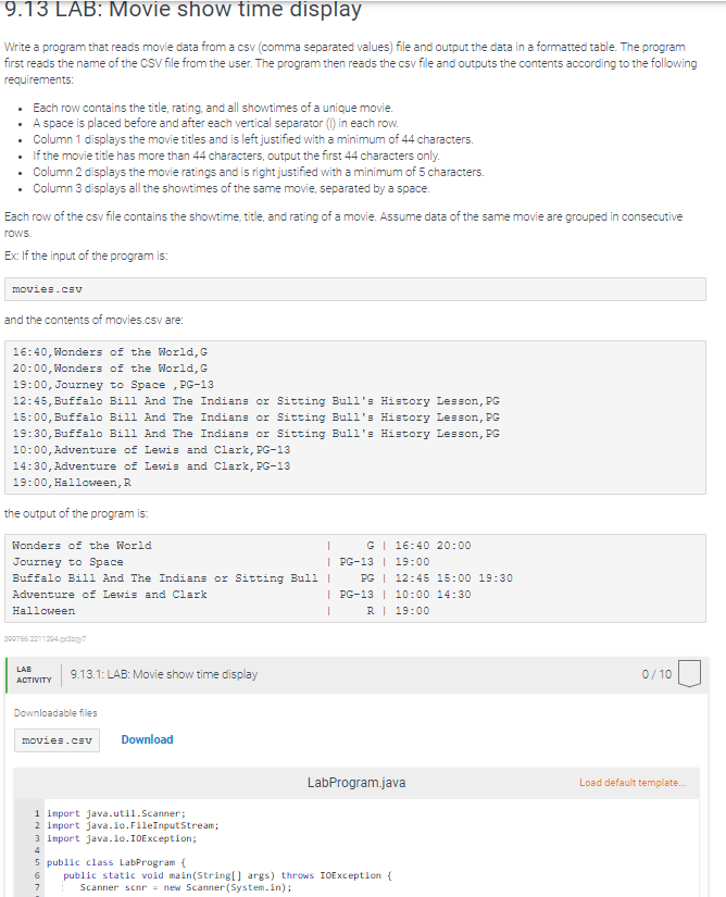 9 13 Lab Movie Show Time Display Write A Program That Reads Movie Data From A Csv Comma Separated Values File And Out 1