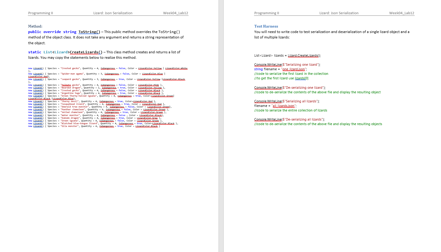 Programming Ii Lizard Json Serialization Week04 Lab12 In This Exercise You Will Be Persisting Objects By Json Serializa 2