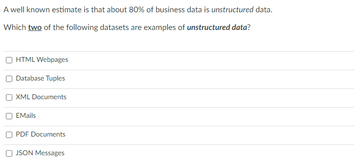 A Well Known Estimate Is That About 80 Of Business Data Is Unstructured Data Which Two Of The Following Datasets Are E 1
