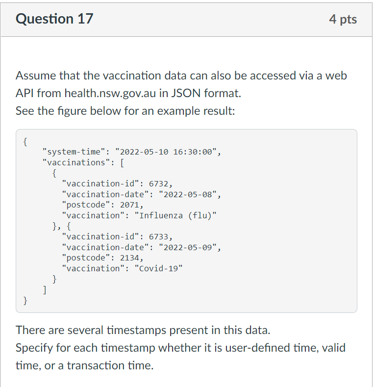 Question 17 4 Pts Assume That The Vaccination Data Can Also Be Accessed Via A Web Api From Health Nsw Gov Au In Json For 1