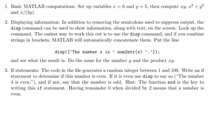 1 Basic Matlab Computations Set Up Variables 2 6 And Y 5 Then Compute Ry X Y And X 3y 2 Displaying Infor 1