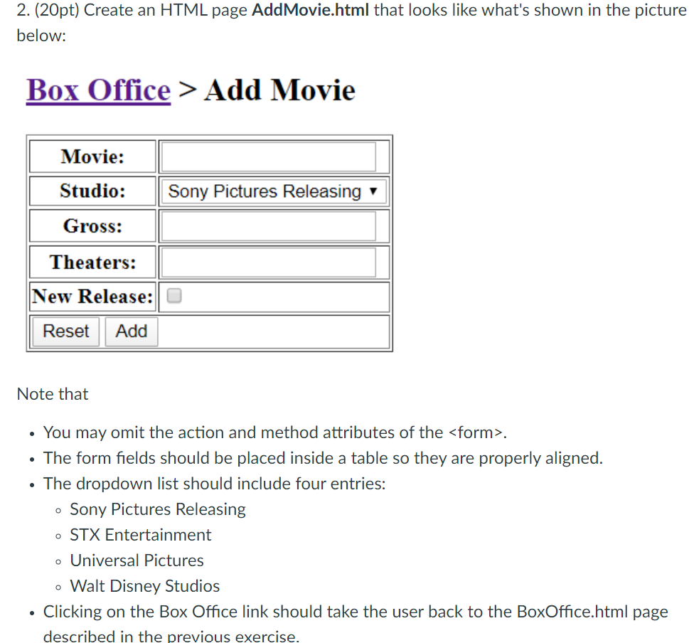 2 20pt Create An Html Page Addmovie Html That Looks Like What S Shown In The Picture Below Box Office Add Movie Mo 1
