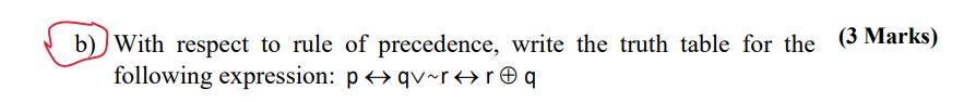 B With Respect To Rule Of Precedence Write The Truth Table For The 3 Marks Following Expression Pqv R R Q 1