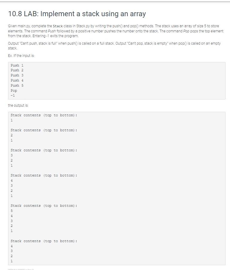 10 8 Lab Implement A Stack Using An Array Given Main Py Complete The Stack Class In Stack Py By Writing The Push And 1
