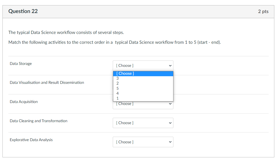 Question 22 The Typical Data Science Workflow Consists Of Several Steps Match The Following Activities To The Correct O 1