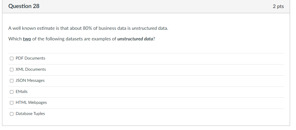 Question 28 A Well Known Estimate Is That About 80 Of Business Data Is Unstructured Data Which Two Of The Following Da 1