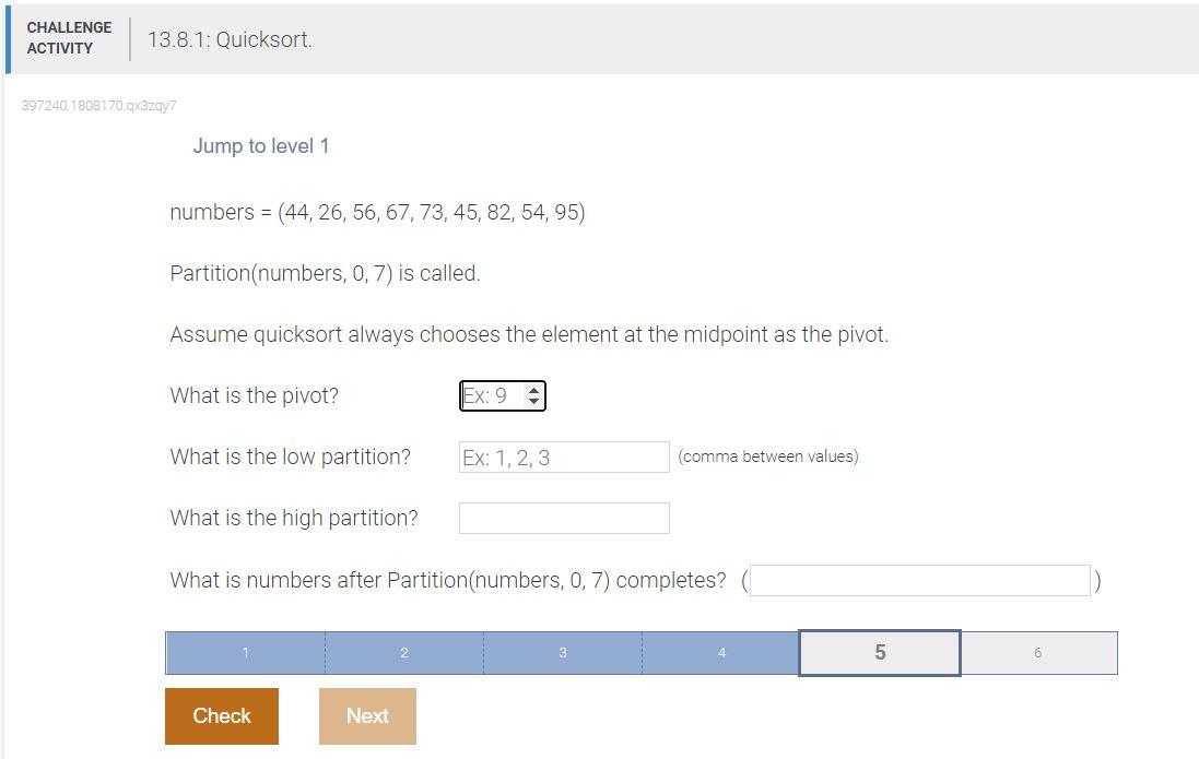 Challenge Activity 397240 1808170 Qx3zqy7 13 8 1 Quicksort Jump To Level 1 Numbers 44 26 56 67 73 45 82 54 95 1