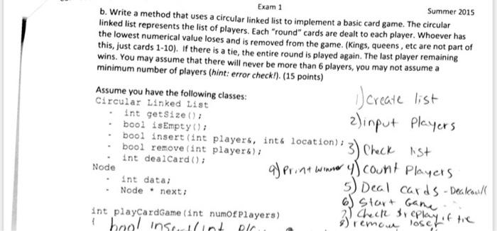 Exam 1 Summer 2015 B Write A Method That Uses A Circular Linked List To Implement A Basic Card Game The Circular Linke 1