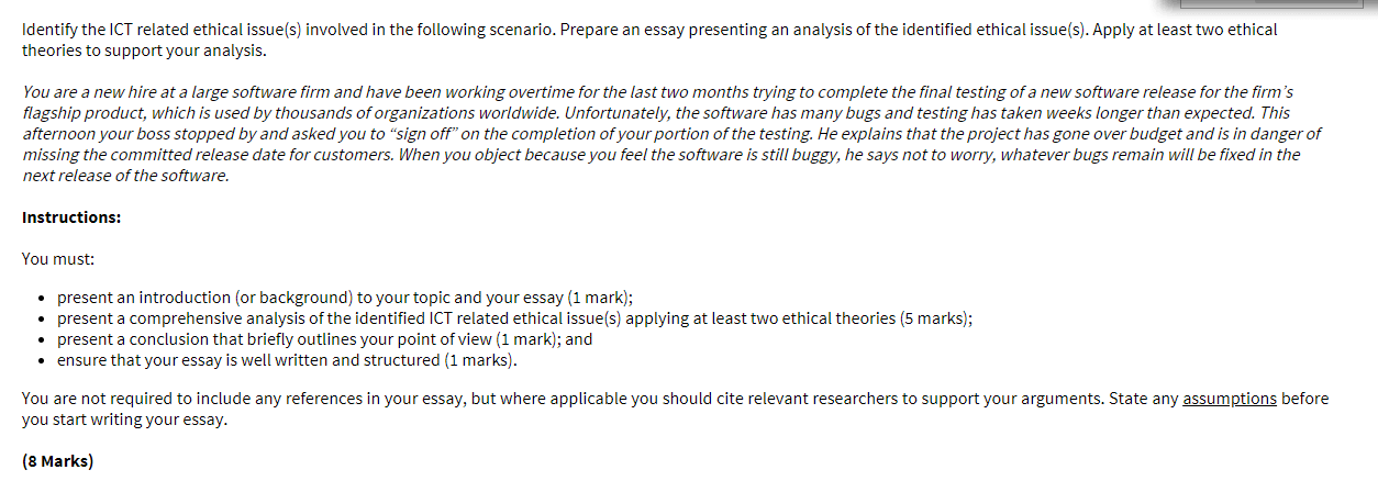 Identify The Ict Related Ethical Issue S Involved In The Following Scenario Prepare An Essay Presenting An Analysis Of 1