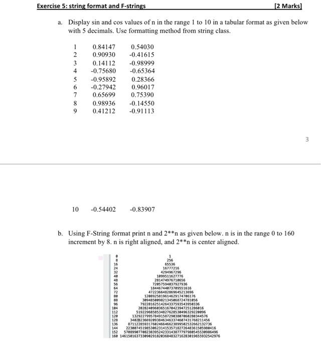 Exercise 5 String Format And F Strings 2 Marks A Display Sin And Cos Values Of N In The Range 1 To 10 In A Tabular F 1