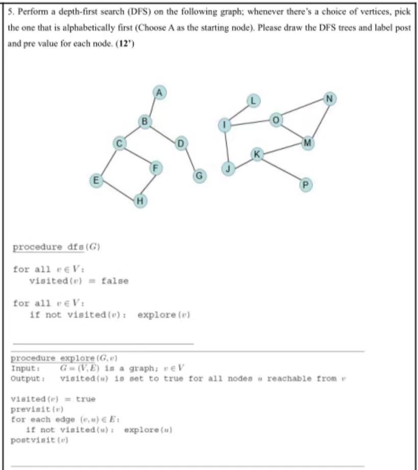 5 Perform A Depth First Search Dfs On The Following Graph Whenever There S A Choice Of Vertices Pick The One That I 1