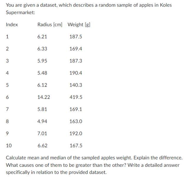 You Are Given A Dataset Which Describes A Random Sample Of Apples In Koles Supermarket Index Radius Cm Weight G 1 1