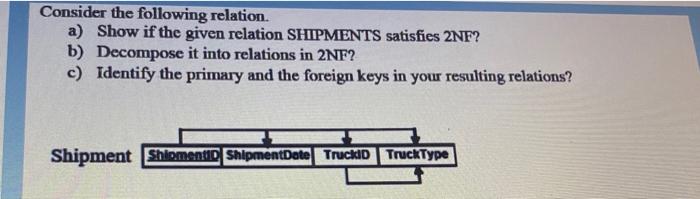Consider The Following Relation A Show If The Given Relation Shipments Satisfies 2nf B Decompose It Into Relations I 1