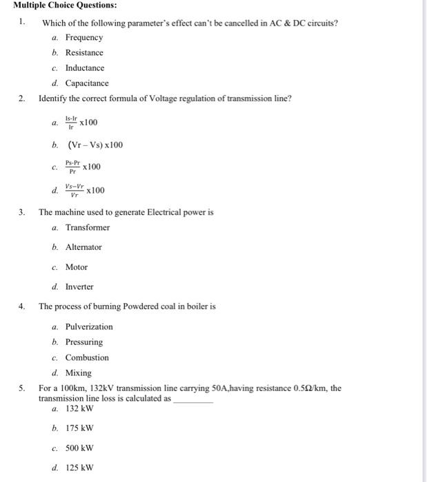 Multiple Choice Questions 1 Which Of The Following Parameter S Effect Can T Be Cancelled In Ac Dc Circuits A Frequ 1