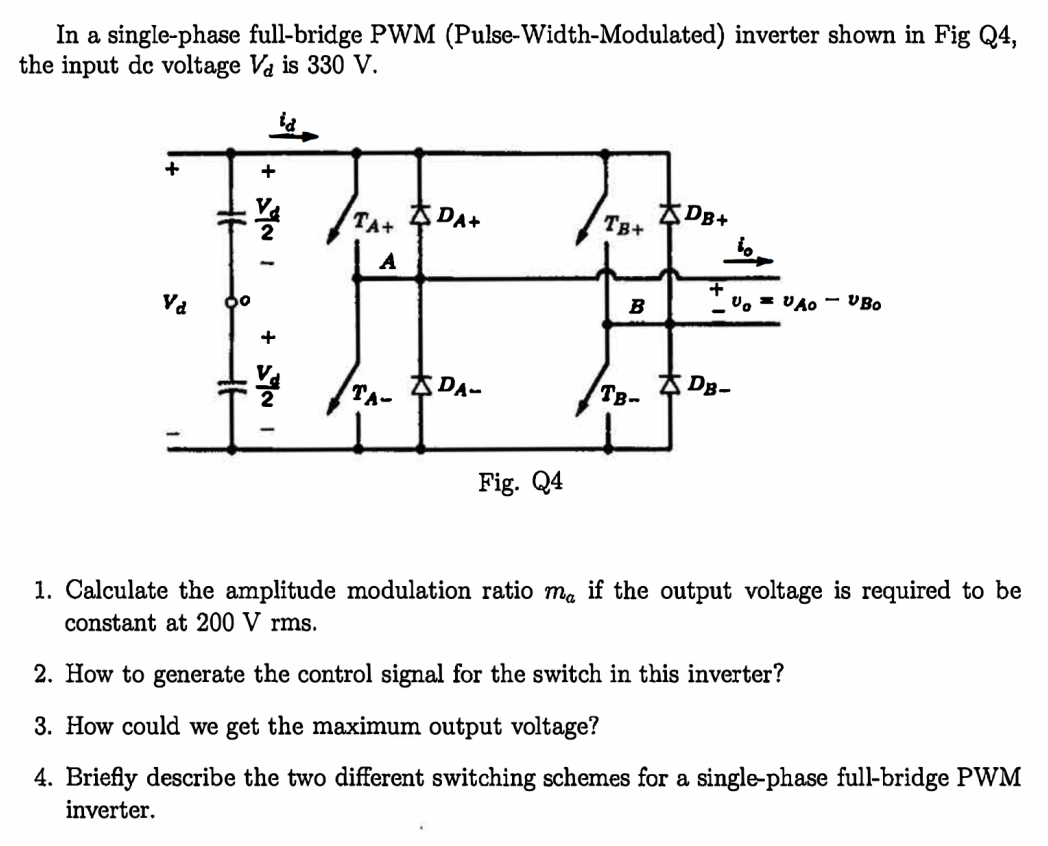 In A Single Phase Full Bridge Pwm Pulse Width Modulated Inverter Shown In Fig Q4 The Input De Voltage Va Is 330 V Id 1