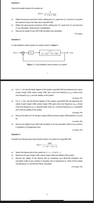 Question 1 Given The Transfer Function Of A System Go 5 5 169 A Obtain The Percent Overshoot Nos Setting Time 7 1