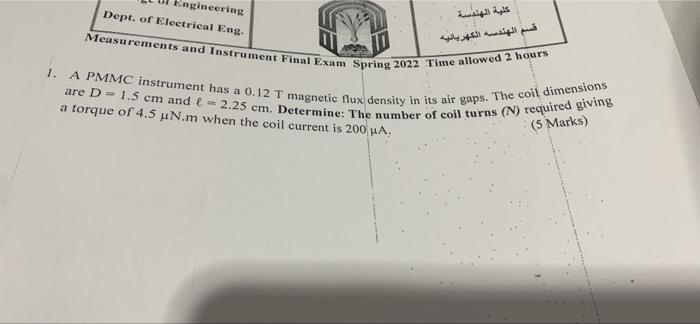 Engineering Dept Of Electrical Eng Measurements And Instrument Final Exam Spring 2022 Time Allowed 2 Hours 1 A Pmmc I 1