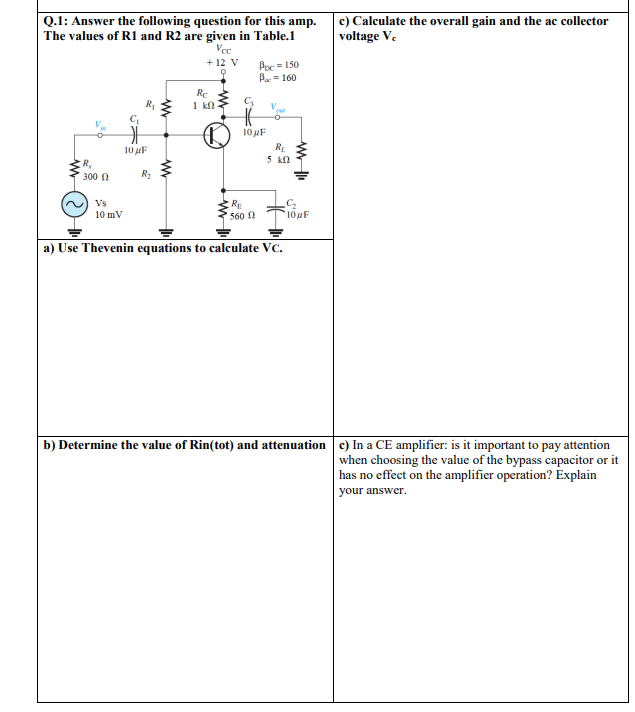 Q 1 Answer The Following Question For This Amp The Values Of R1 And R2 Are Given In Table 1 Vcc 12 V 9 Poc 150 Bar 1