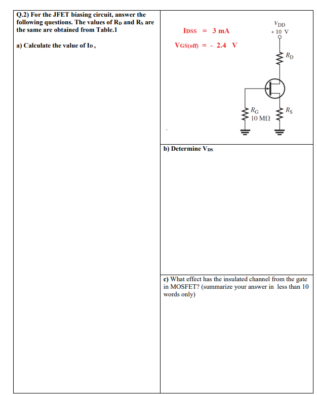 Q 2 For The Jfet Biasing Circuit Answer The Following Questions The Values Of Rp And Rs Are The Same Are Obtained Fro 1