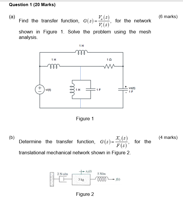 Question 1 20 Marks A B For The Network Find The Transfer Function G S S V S Shown In Figure 1 Solve Th 1